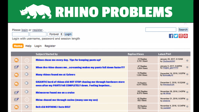 Illustration for article titled Beautiful: This Internet Message Board For People Whose Pants Keep Falling Down While They’re Getting Chased By Stampeding Rhinos Shows The Healing Power Of Online Communities